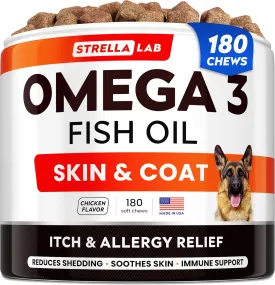 STRELLALAB Omega 3 for Dogs - (180Ct) Fish Oil Treats - Allergy & Itch Relief Skin & Coat Supplement - Dry Itchy Skin, Anti Shedding & Hot Spots Treatment - Pet Salmon Oil Chews - Chicken Flavor
