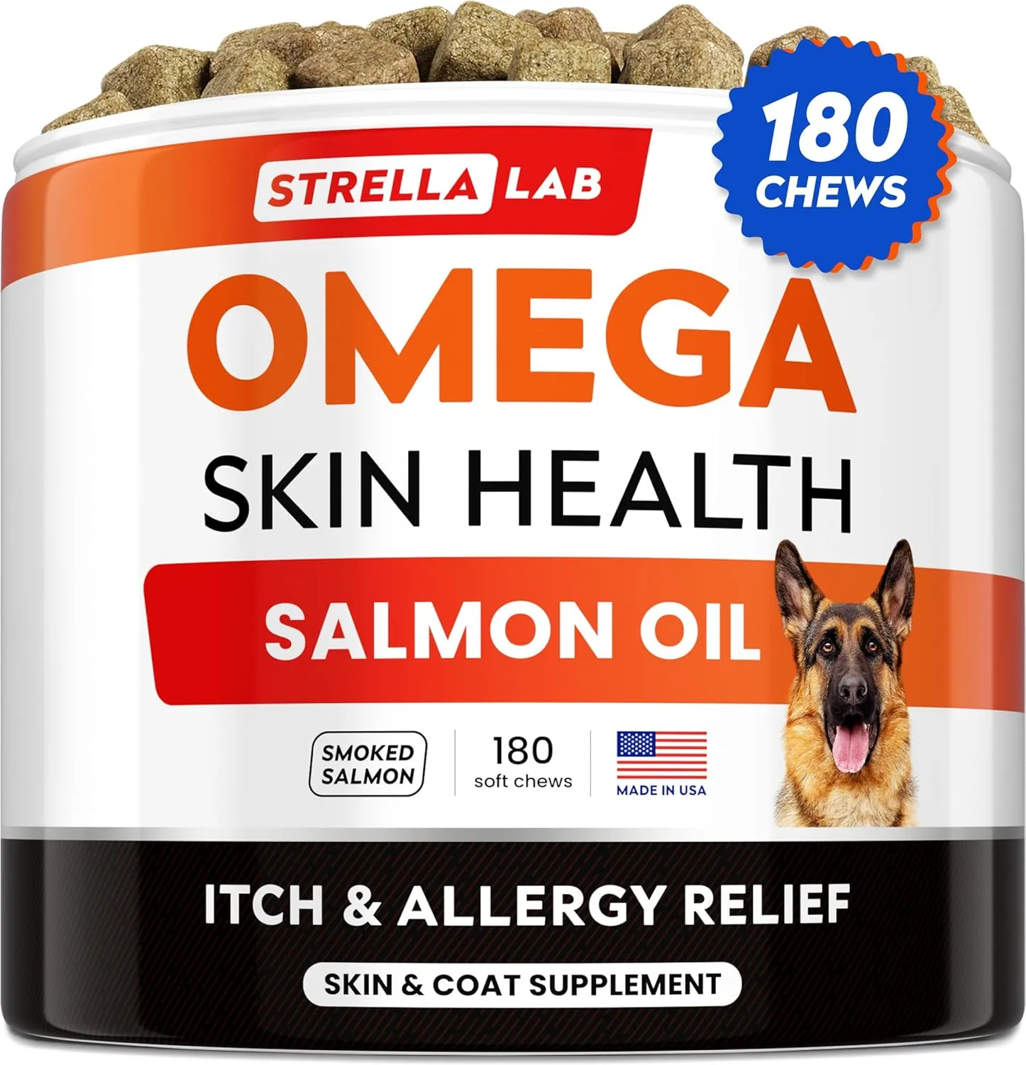 StrellaLab Omega 3 for Dogs - (180Ct) Fish Oil Treats - Allergy & Itch Relief Skin & Coat Supplement - Dry Itchy Skin, Anti Shedding & Hot Spots Treatment - Pet Salmon Oil Chews - Smoked Salmon Flavor