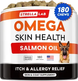 StrellaLab Omega 3 for Dogs - (180Ct) Fish Oil Treats - Allergy & Itch Relief Skin & Coat Supplement - Dry Itchy Skin, Anti Shedding & Hot Spots Treatment - Pet Salmon Oil Chews - Smoked Salmon Flavor
