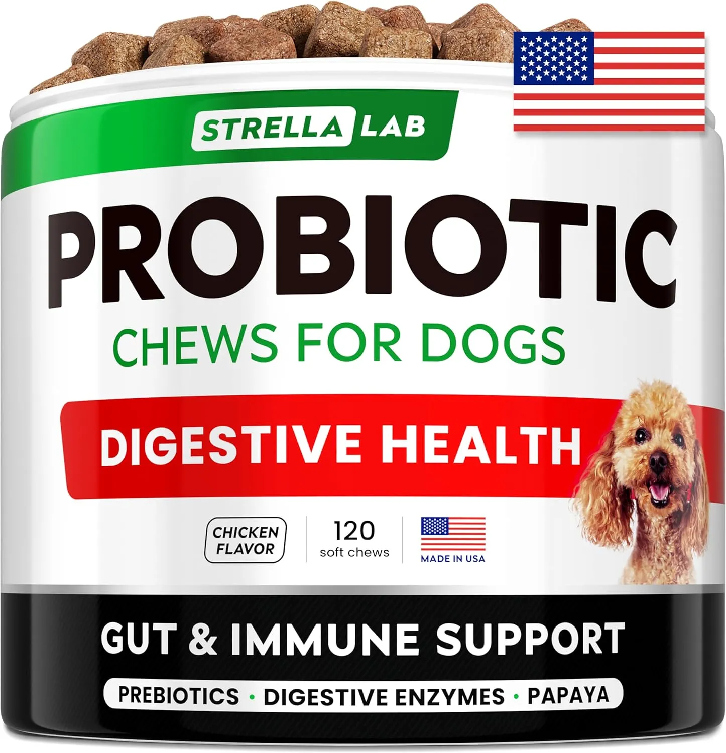 STRELLALAB Pet Probiotics for Dogs & Digestive Enzymes   Digestion & Gut Health Treats, Dog Probiotics Chews, Fiber Supplement, Anti Diarrhea, Constipation, Upset Stomach&Gas Relief, Canine Prebiotic