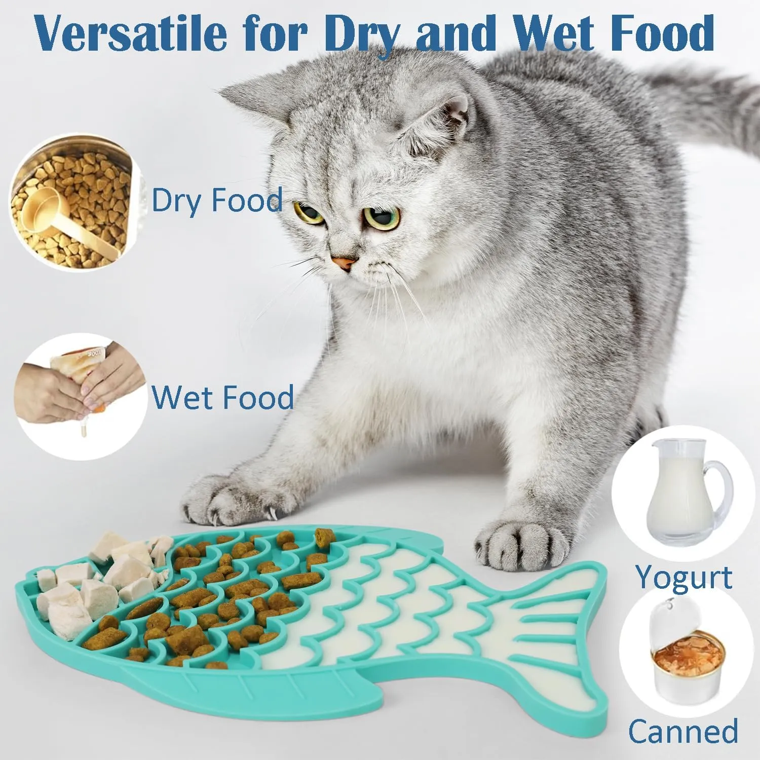 Takfox Slow Feeder Cat Bowls [2 Pack], Lick Mat for Cats Dogs, Silicone Cat Puzzle Feeders Toy for Pets Dry/Wet Food Training, Keeps Dogs Cats Busy, Prevents Puppy Kitty Overeating, (Cyan Green)