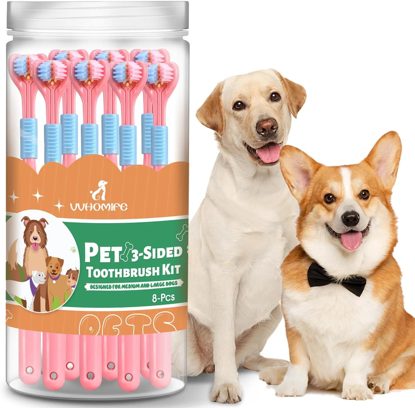 Three-Sided Dog Toothbrush, Great Toothbrush for Large and Medium Dogs, Dog Tooth Brushing Kit for Cleaning Your Dog's Teeth, for Daily Care of Your Dog's Mouth. Pink, 8 Pcs L