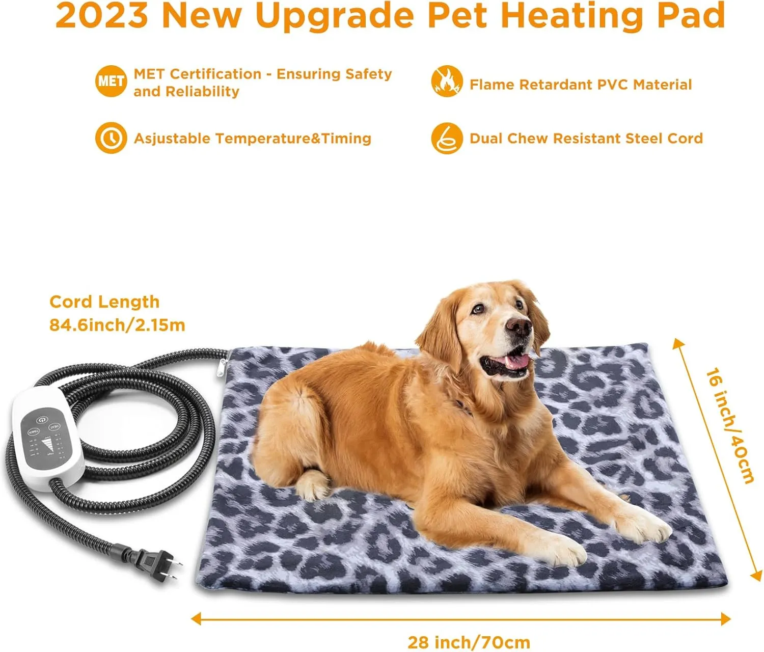 Tikaton MET Certified Pet Heating Pad, 2025 New Upgrade Heated Cat Bed Indoor with Auto Shut Off Timer, 6 Temperature Adjustable Pet Heating Pads (M: 28" x 16", BlackLeopard)