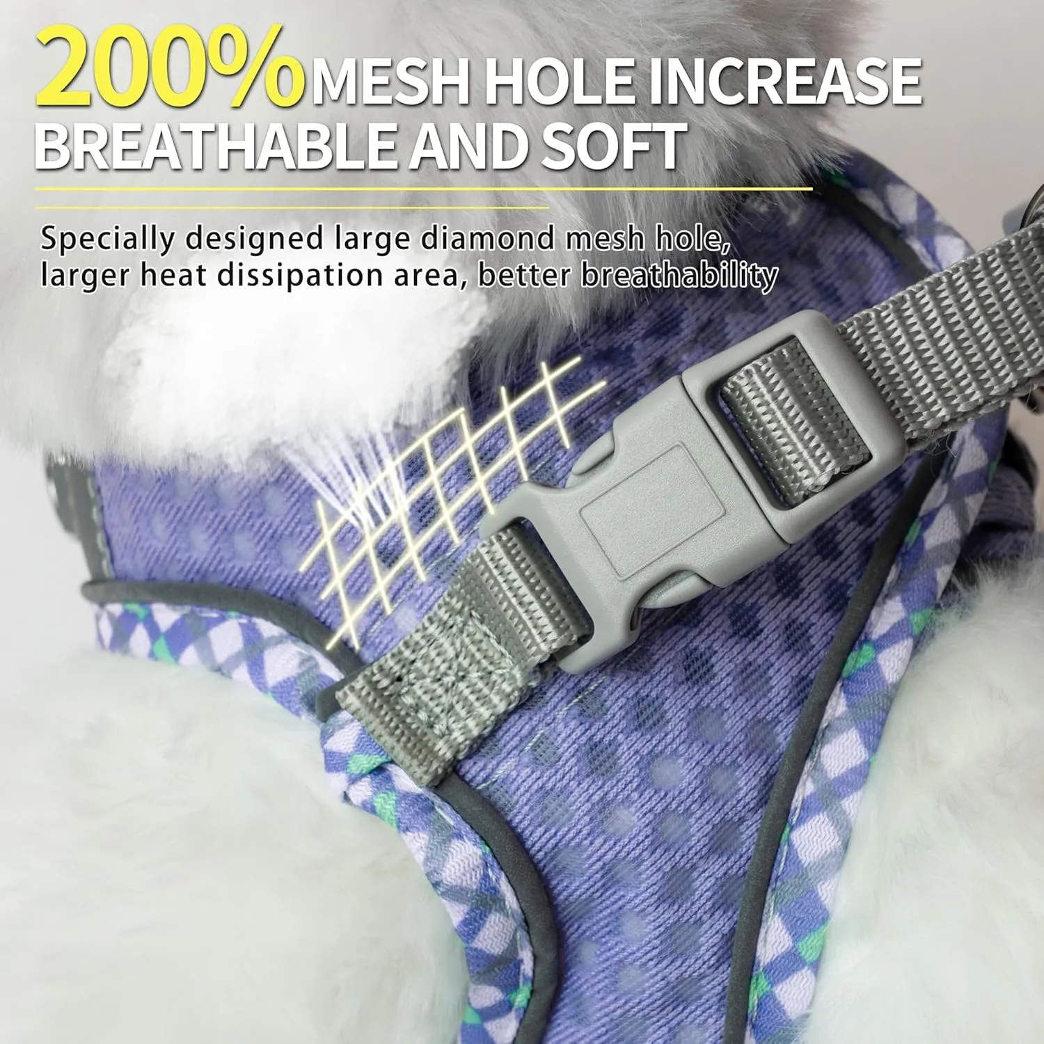 Tiny Dog Harness, All Weather Diamond Mesh, Reflective Stripes, No Pull Step in Lightweight Vest Harness for Puppy, Small Dogs and Cats Lavender XXXS