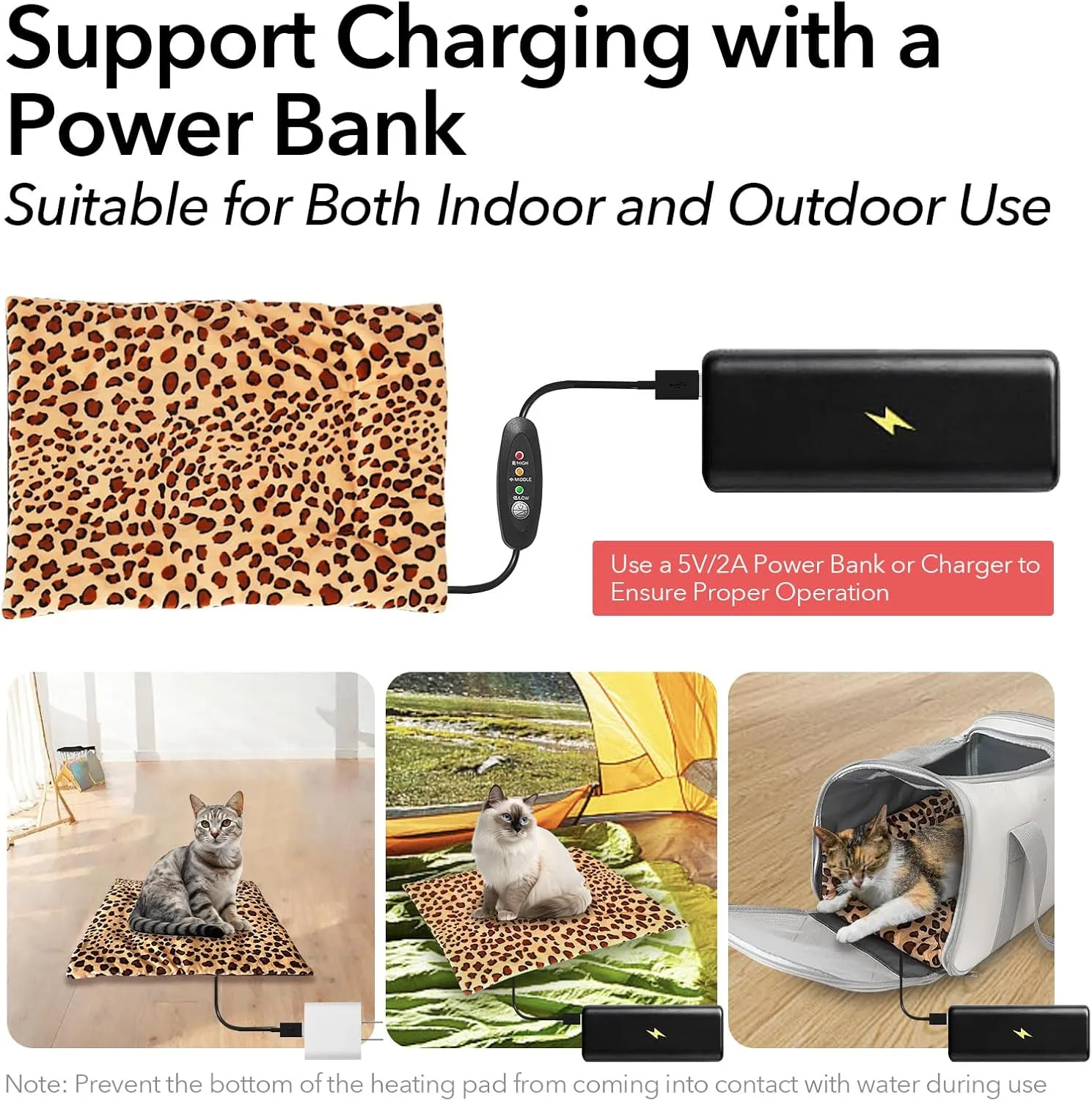 USB Heating Warmer Pad Bed for Cat, Small Dog and Pet, Safe 5V2A Power-Bank Battery Operated, 3-Temperature Settings, Washable, for Indoor and Outdoor Use. 15" x 19" x 0.6" (Leopard)