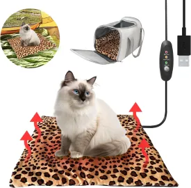 USB Heating Warmer Pad Bed for Cat, Small Dog and Pet, Safe 5V2A Power-Bank Battery Operated, 3-Temperature Settings, Washable, for Indoor and Outdoor Use. 15" x 19" x 0.6" (Leopard)