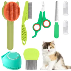 VCZONE 8 Pcs Cat Brush Grooming Kits, Pet Self Cleaning Kit with Pet Nail Clipper and File, Flea Comb, Pet Shampoo Bath Brush, Pet Shedding Brush, Silicone Toothbrush (Green)