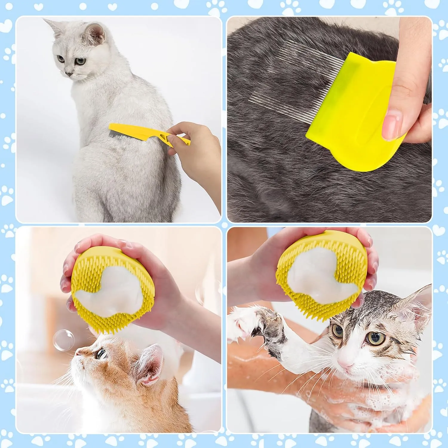 VCZONE 8 Pcs Cat Brush Grooming Kits, Pet Self Cleaning Kit with Pet Nail Clipper and File, Flea Comb, Pet Shampoo Bath Brush, Pet Shedding Brush, Silicone Toothbrush (Yellow)