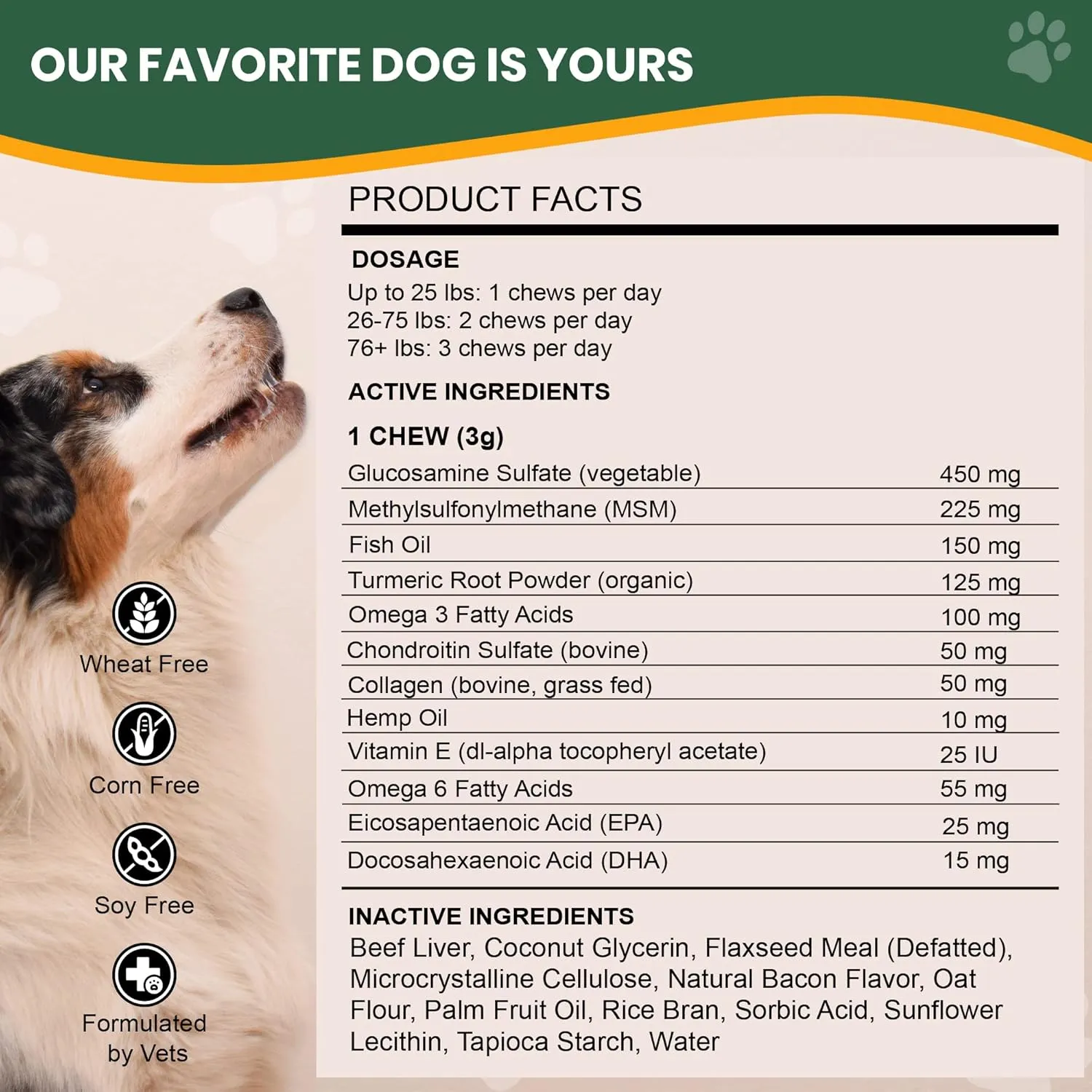 Vet Naturals Hemp & HIPS - Dog Joint Supplement Large Breed - Senior Dog Supplements - Glucosamine and Chondroitin Supplement - MSM & USA Grown Hemp Oil (60ct-Beef and Bacon)