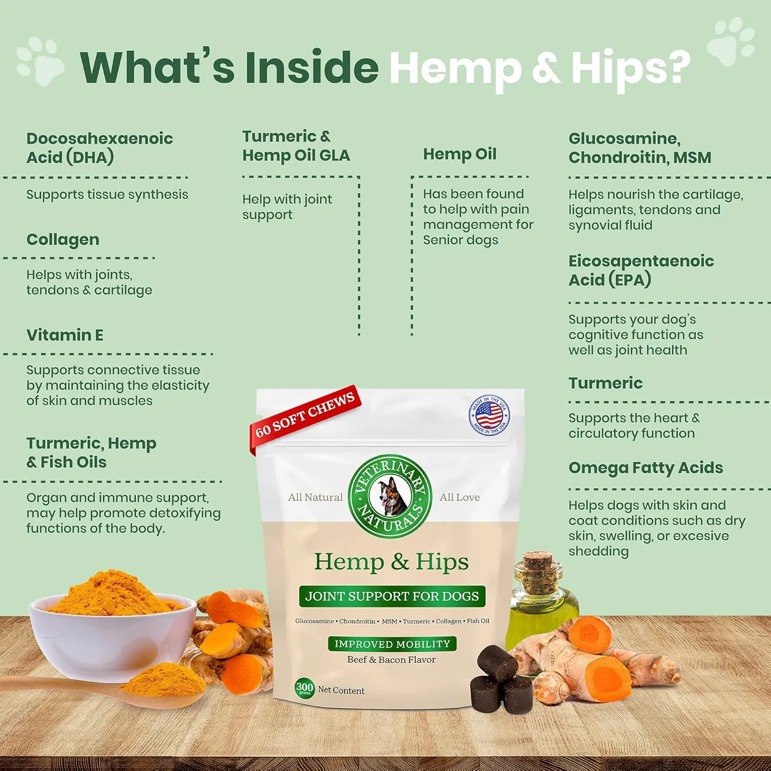 Vet Naturals Hemp & HIPS - Dog Joint Supplement Large Breed - Senior Dog Supplements - Glucosamine and Chondroitin Supplement - MSM & USA Grown Hemp Oil (60ct-Beef and Bacon)