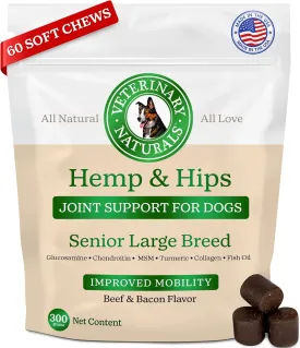 Vet Naturals Hemp & HIPS - Dog Joint Supplement Large Breed - Senior Dog Supplements - Glucosamine and Chondroitin Supplement - MSM & USA Grown Hemp Oil (60ct-Beef and Bacon)