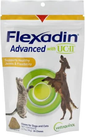 Vetoquinol Flexadin Advanced Dog Hip and Joint Supplement with Undenatured Collagen, One Chew a Day Hip and Joint Support Chew for Dogs and Cats, Clinically Proven Vet-Approved Formula, 60 Chews