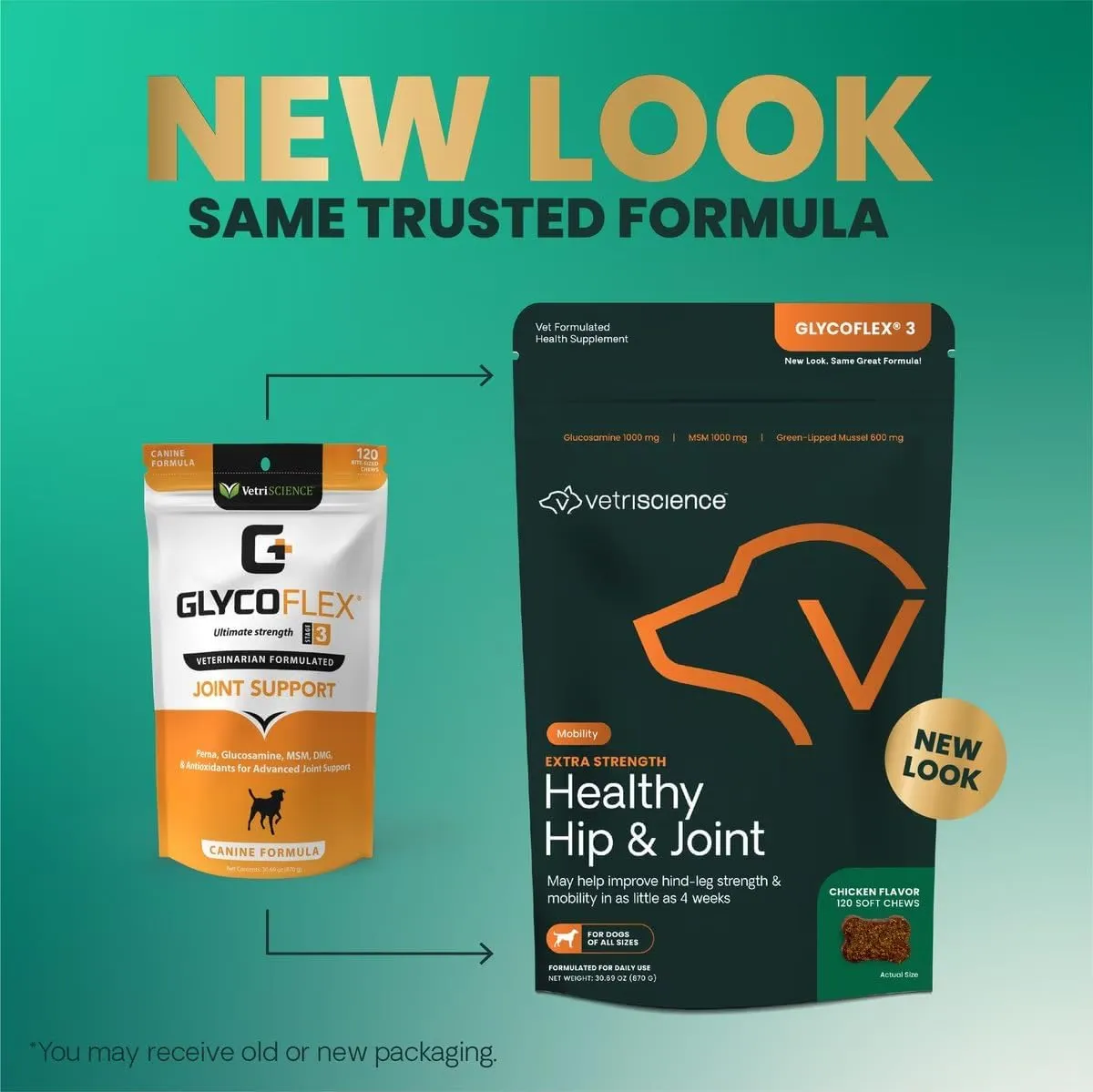 VetriScience Extra Strength Healthy Hip & Joint Chews, GlycoFlex Glucosamine & Green-Lipped Mussel Joint Support Supplement for Dogs, Promote Mobility & Soothe Joint Discomfort, Chicken, 120 Count