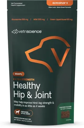 VetriScience Extra Strength Healthy Hip & Joint Chews, GlycoFlex Glucosamine & Green-Lipped Mussel Joint Support Supplement for Dogs, Promote Mobility & Soothe Joint Discomfort, Chicken, 120 Count