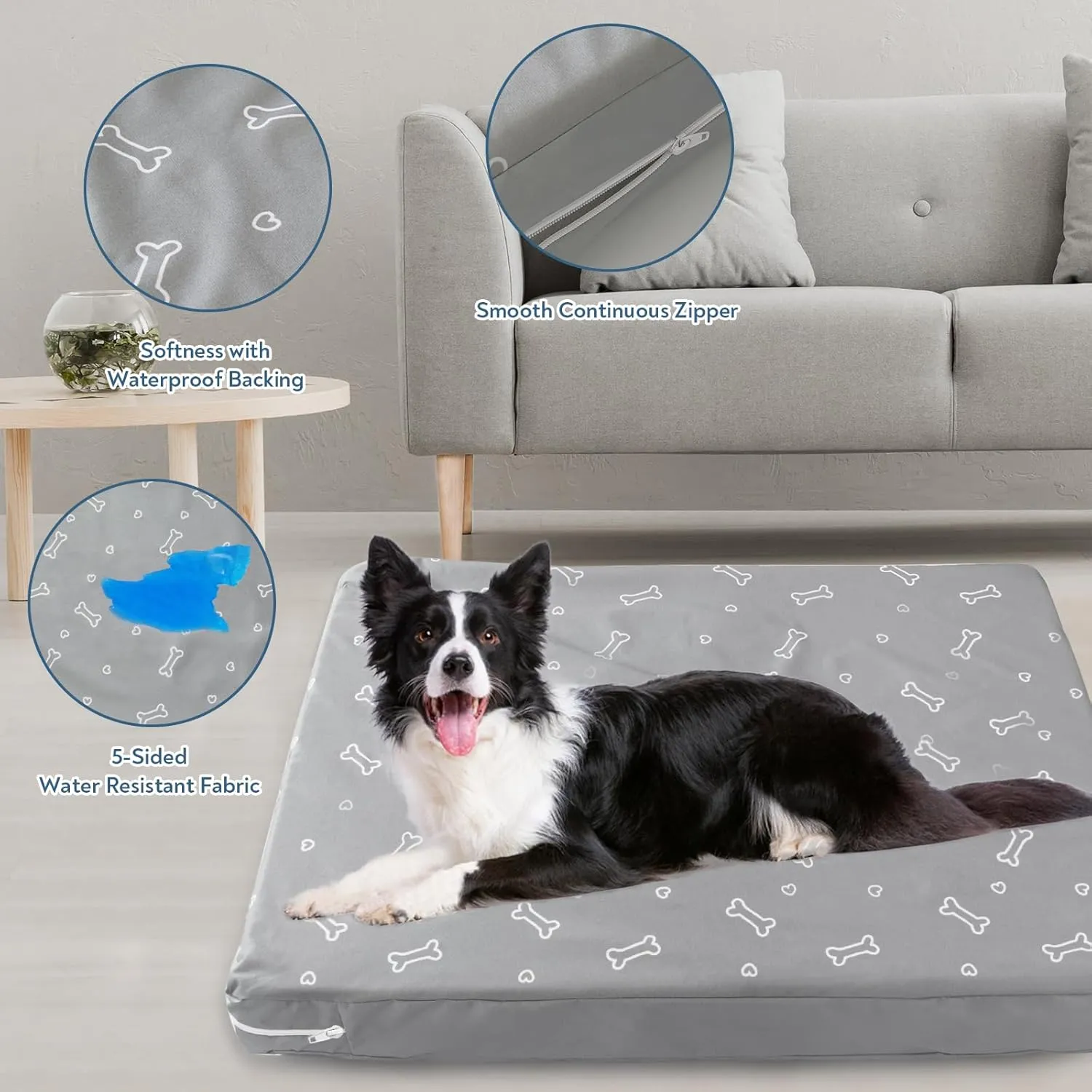 Waterproof Dog Bed Cover, Removable Dog Bed Covers Replacement Washable with Smooth Zipper, Indoor/Outdoor Dog Bed Washable Cover, Bone Print Pet Bed Cover for Dog/Cat, 27 x 36 x 4 Inch, Cover Only
