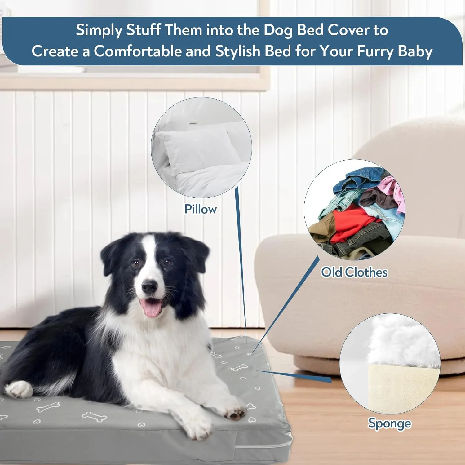 Waterproof Dog Bed Cover, Removable Dog Bed Covers Replacement Washable with Smooth Zipper, Indoor/Outdoor Dog Bed Washable Cover, Bone Print Pet Bed Cover for Dog/Cat, 27 x 36 x 4 Inch, Cover Only
