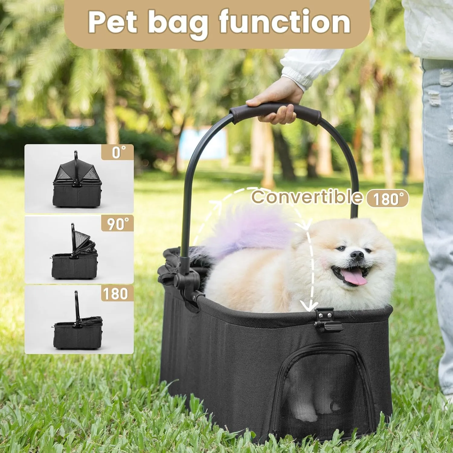 Wdyvko 3 in 1 Dog Stroller, Upgraded Frame, Up to 44lbs Pet Stroller with Dog Poop Bags & Dispenser, Zipperless Entry, Storage Basket & Pouch for Small Dogs Cats (Black)