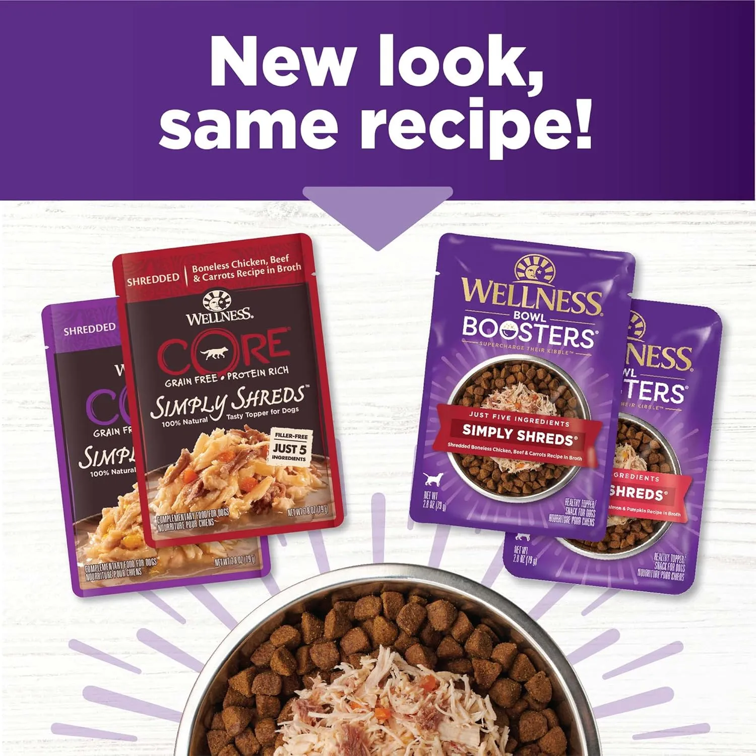 Wellness Bowl Boosters Simply Shreds Wet Dog Food Topper for Small, Medium, & Large Breeds, Grain Free, Natural, Chicken Variety Pack, 2.8 Ounce Pouch (Pack of 12)