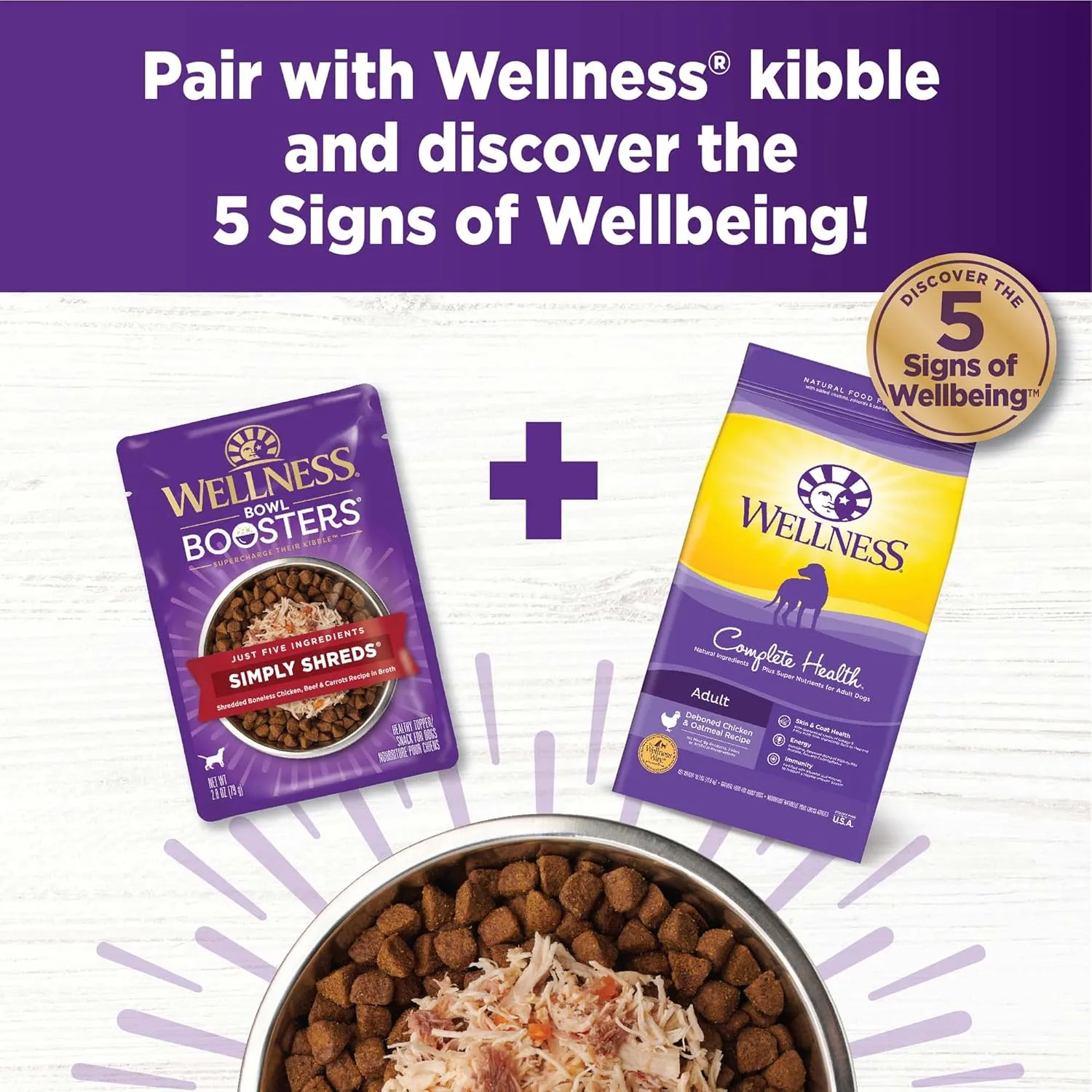 Wellness Bowl Boosters Simply Shreds Wet Dog Food Topper for Small, Medium, & Large Breeds, Grain Free, Natural, Chicken Variety Pack, 2.8 Ounce Pouch (Pack of 12)