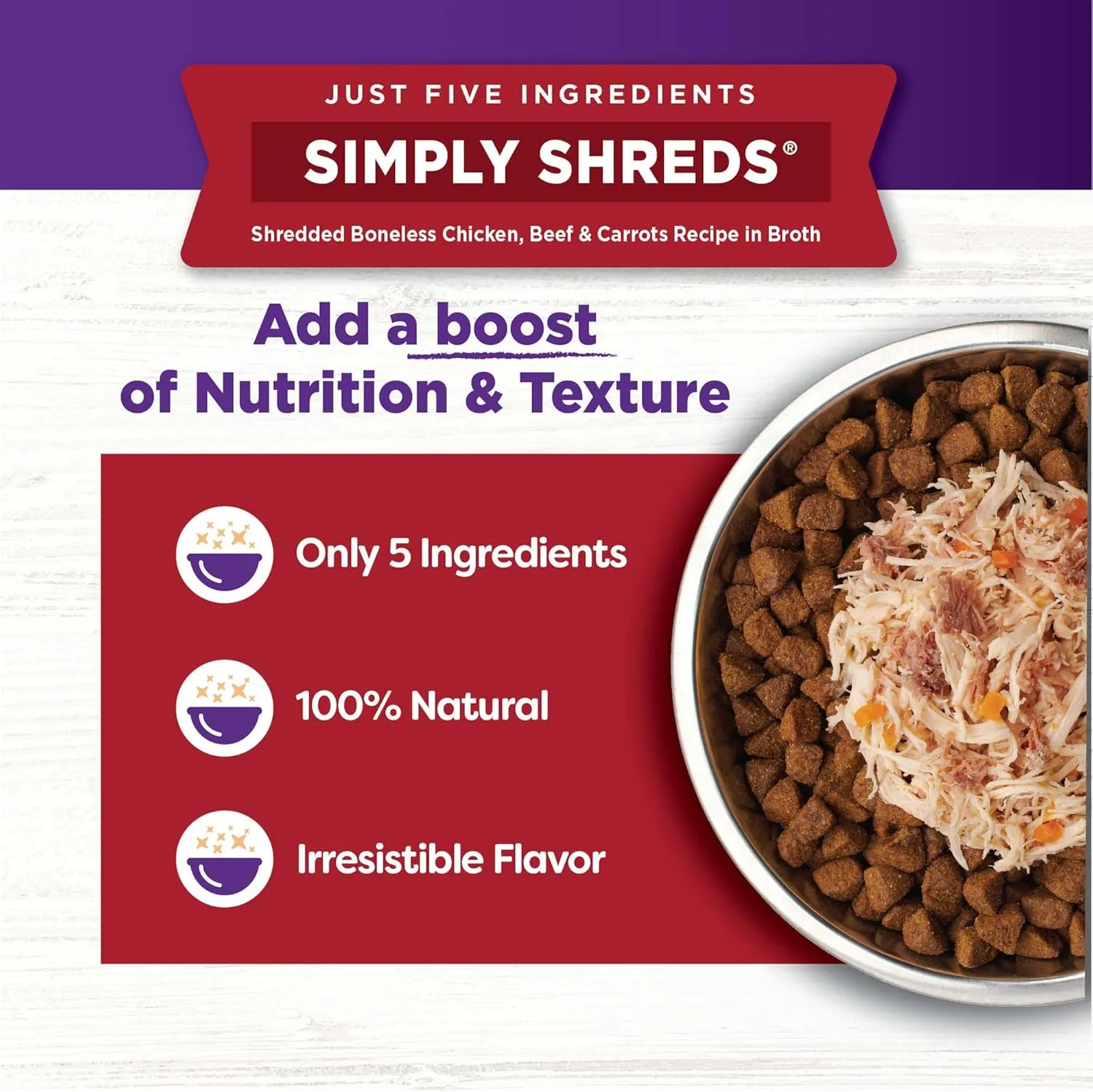 Wellness Bowl Boosters Simply Shreds Wet Dog Food Topper for Small, Medium, & Large Breeds, Grain Free, Natural, Chicken Variety Pack, 2.8 Ounce Pouch (Pack of 12)