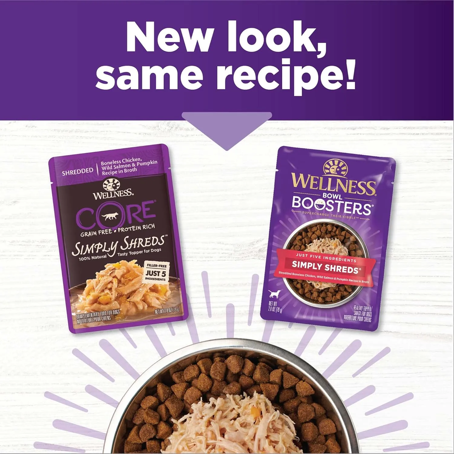 Wellness Bowl Boosters Simply Shreds Wet Dog Food Topper for Small, Medium, & Large Breeds, Grain Free, Natural, Wild Salmon & Pumpkin, 2.8 Ounce Pouch (Pack of 12)