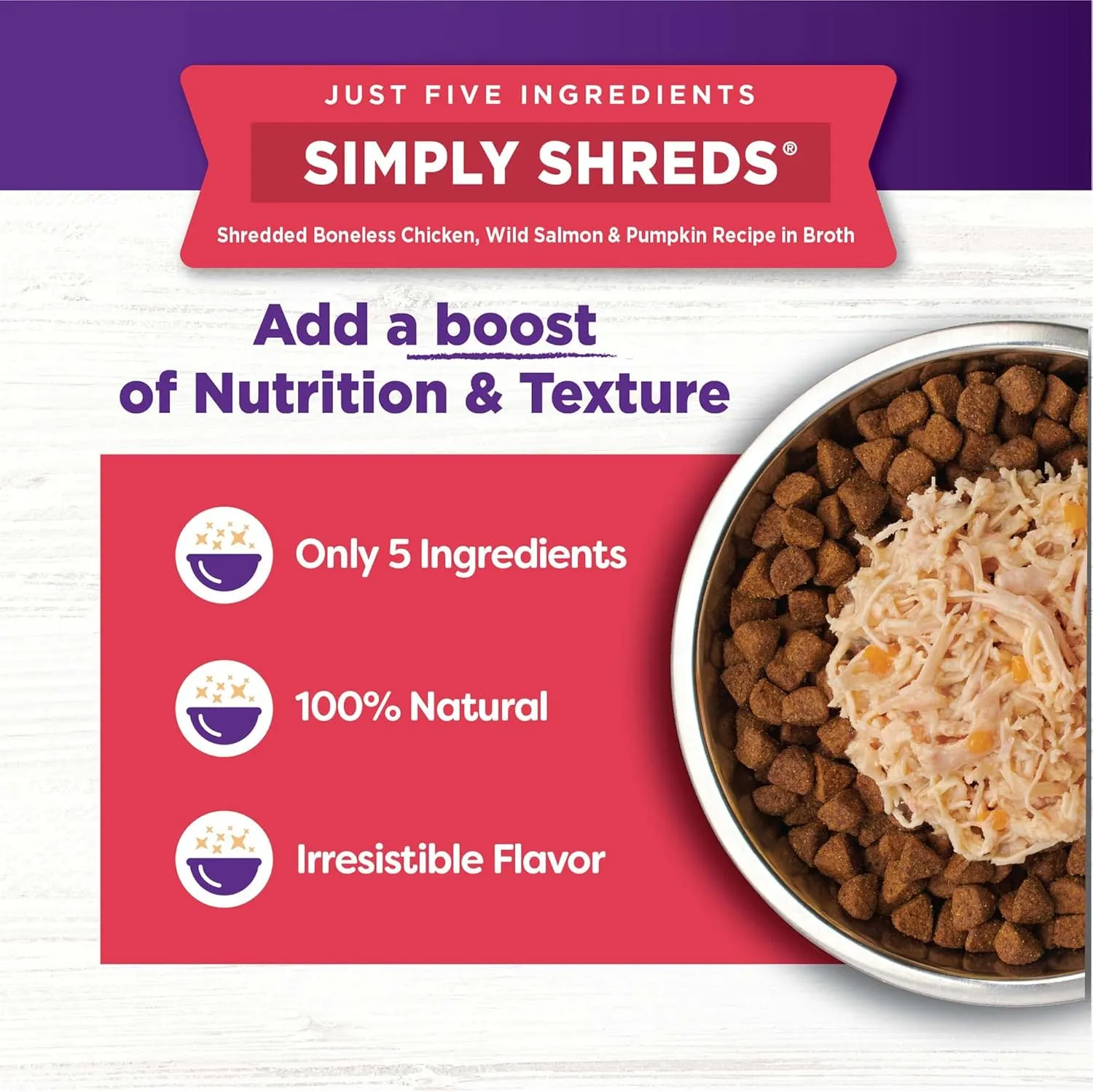 Wellness Bowl Boosters Simply Shreds Wet Dog Food Topper for Small, Medium, & Large Breeds, Grain Free, Natural, Wild Salmon & Pumpkin, 2.8 Ounce Pouch (Pack of 12)