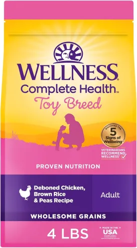 Wellness Complete Health Dry Dog Food for Small Dogs, Toy Breed, Wholesome Grains, Natural, Chicken, Brown Rice, & Peas Recipe, 4-Pound Bag)