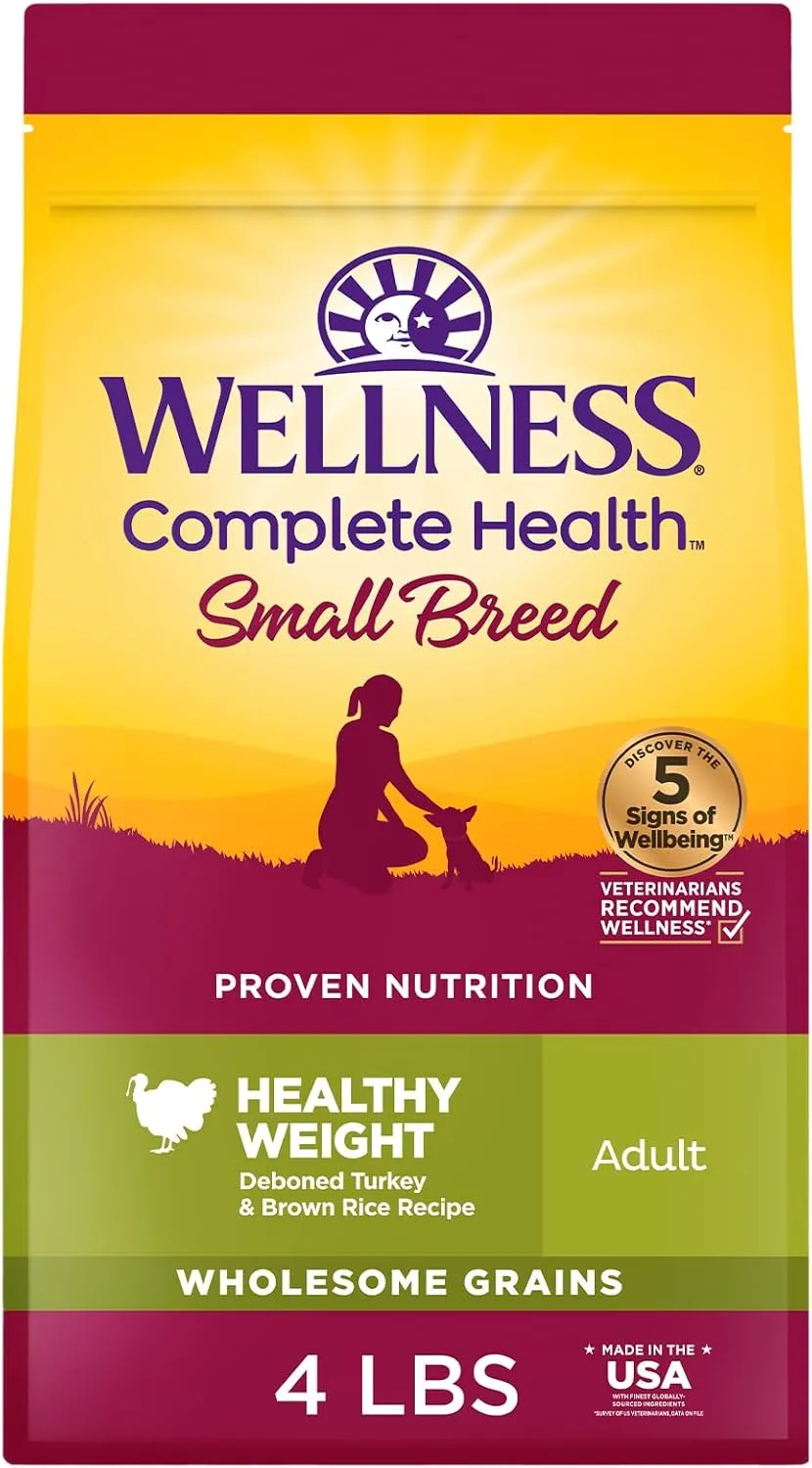 Wellness Complete Health Dry Dog Food, Small Breed, Wholesome Grains, Natural, Healthy Weight Turkey & Brown Rice Recipe, (4-Pound Bag)
