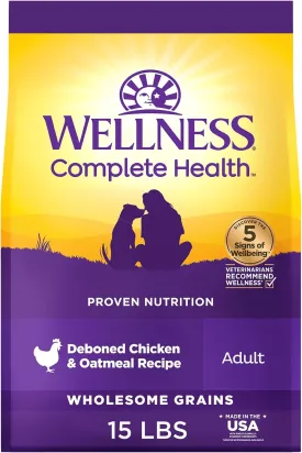 Wellness Complete Health Dry Dog Food, Wholesome Grains, Natural, Chicken & Oatmeal Recipe, (15-Pound Bag)