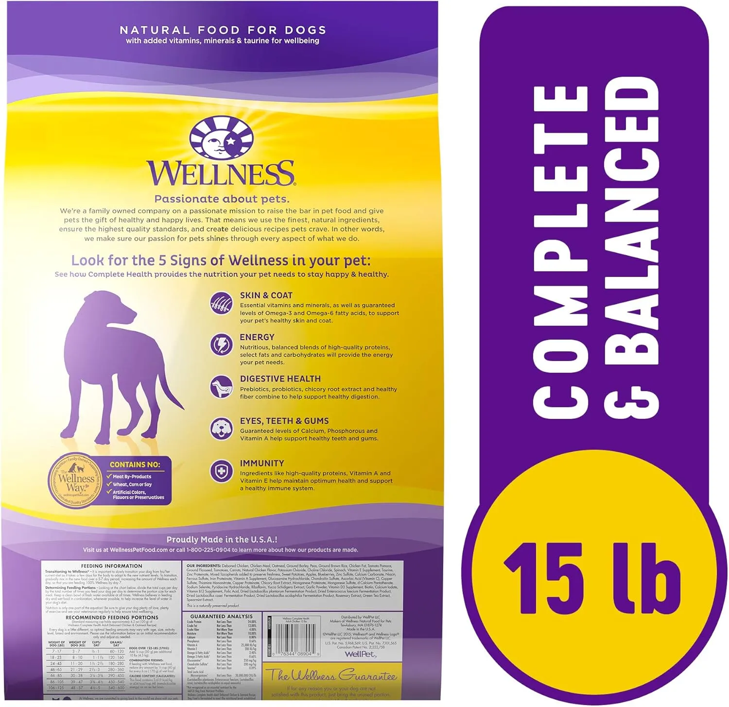 Wellness Complete Health Dry Dog Food, Wholesome Grains, Natural, Chicken & Oatmeal Recipe, (15-Pound Bag)