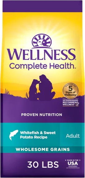 Wellness Complete Health Dry Dog Food, Wholesome Grains, Natural, Whitefish & Sweet Potato Recipe, (30-Pound Bag)