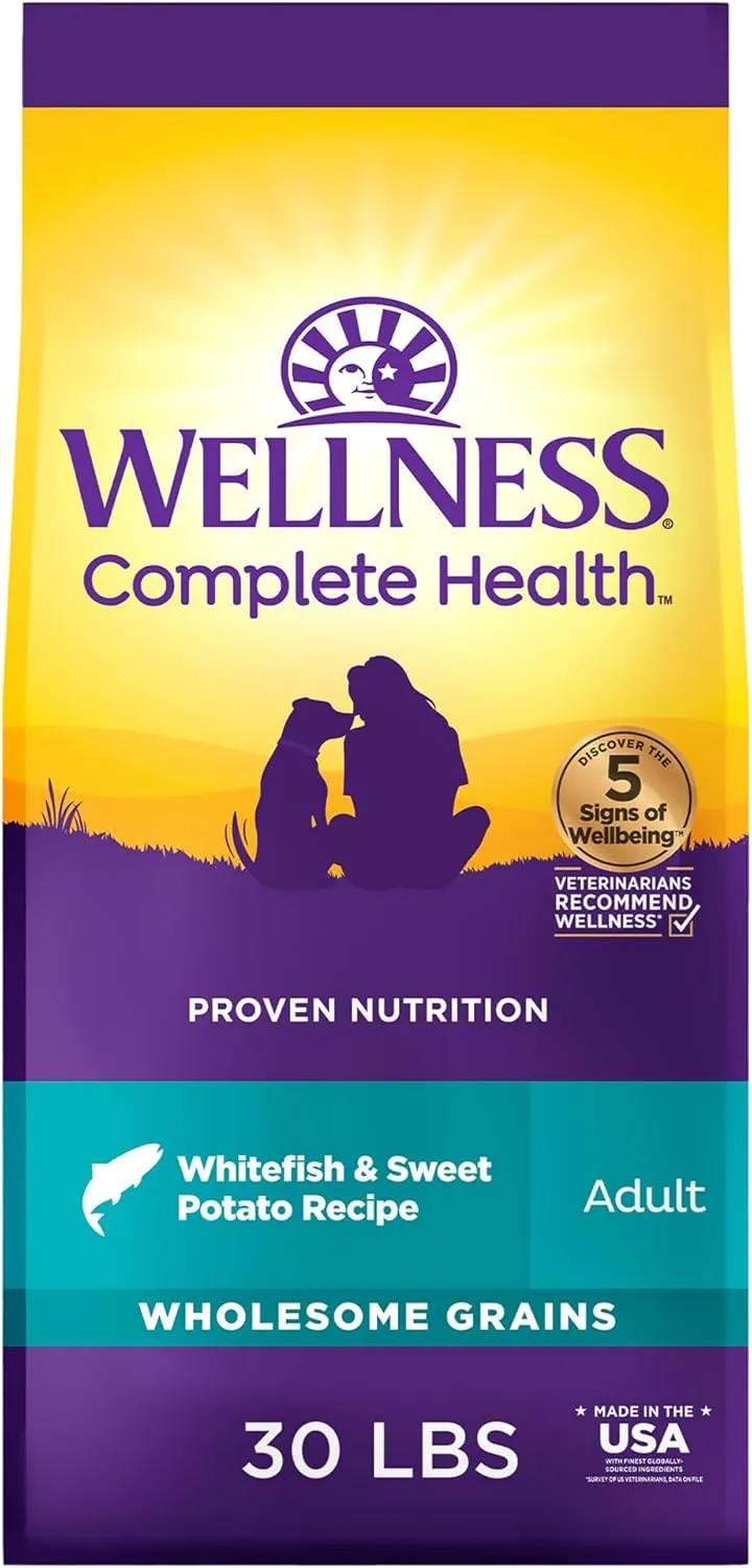 Wellness Complete Health Dry Dog Food, Wholesome Grains, Natural, Whitefish & Sweet Potato Recipe, (30-Pound Bag)