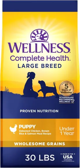 Wellness Complete Health Puppy Dry Dog Food, Large Breed, Wholesome Grains, Natural, Chicken, Oatmeal, & Salmon Recipe, (30-Pound Bag)