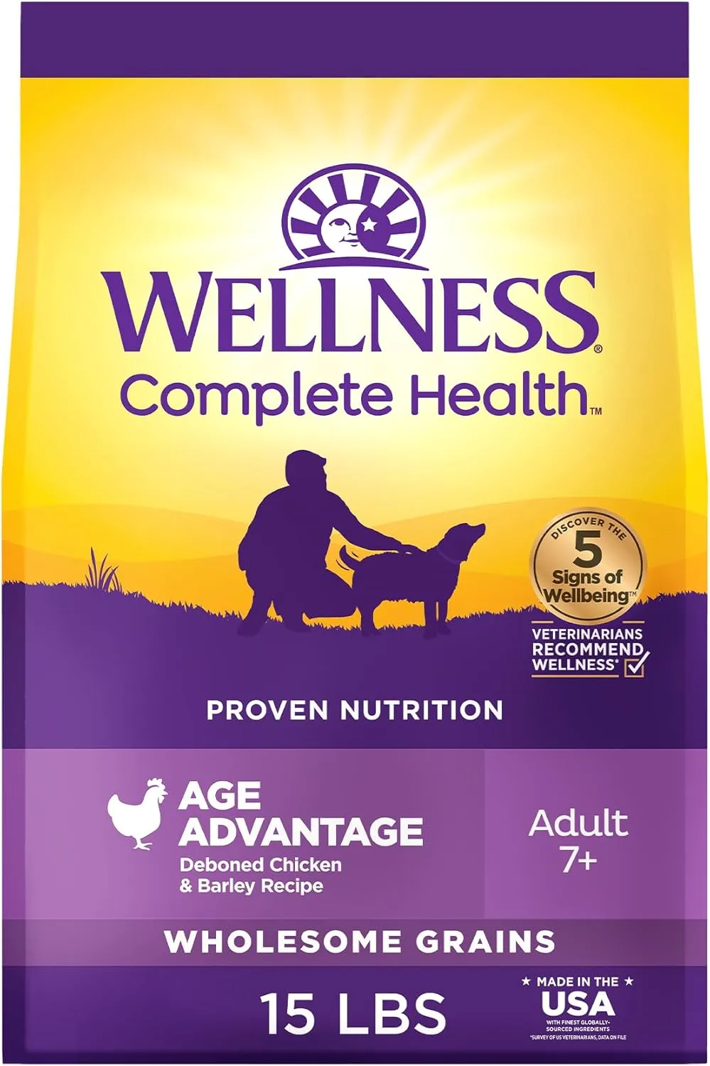 Wellness Complete Health Senior Dry Dog Food, Wholesome Grains, Natural, Age Advantage Chicken & Barley Recipe, (15-Pound Bag)