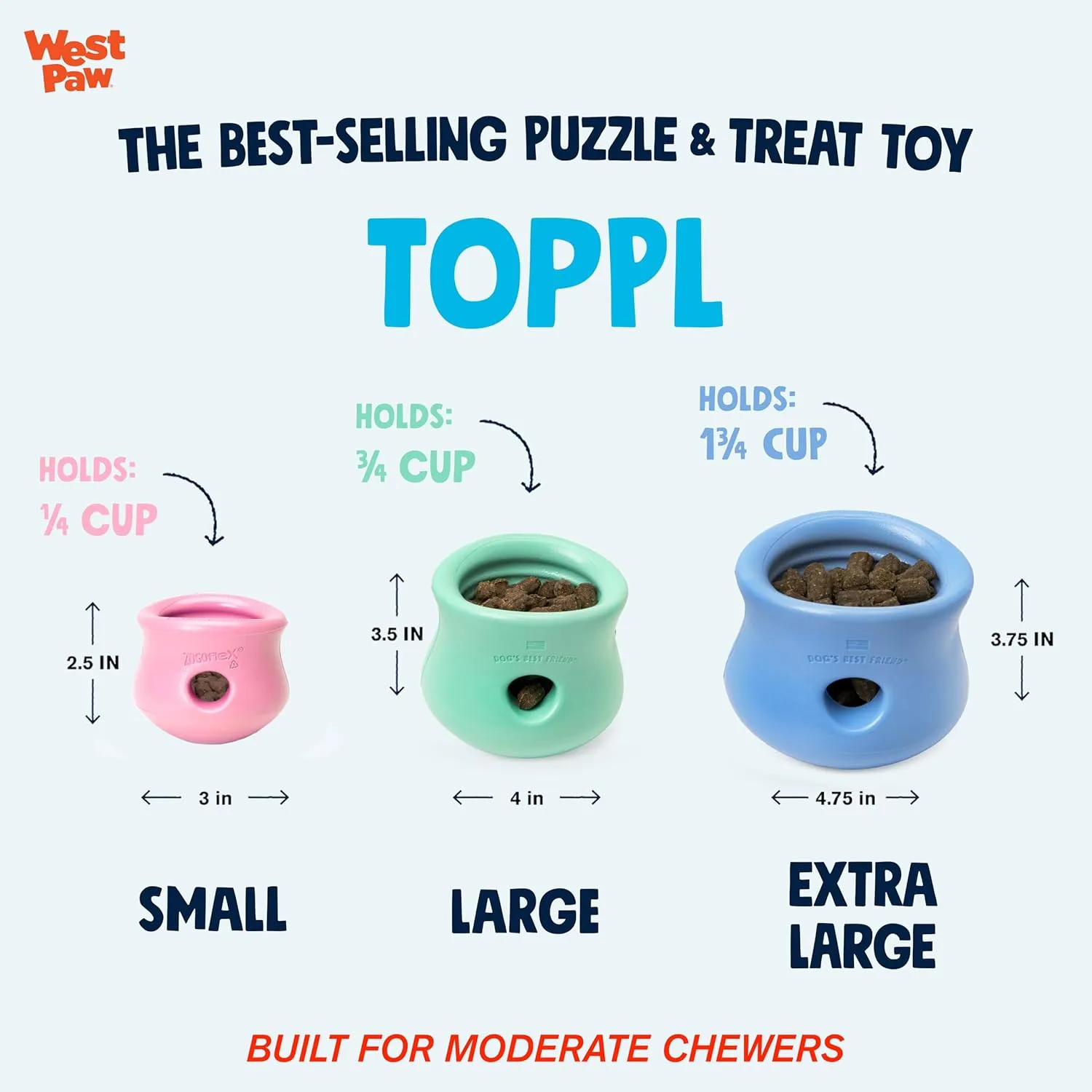 WEST PAW Zogoflex Limited Edition Toppl Treat Dispensing Dog Toy Puzzle  Interactive Chew Toys for Dogs  Dog Toy for Moderate Chewers, Fetch, Catch  Holds Kibble, Treats, Small 3", Periwinkle