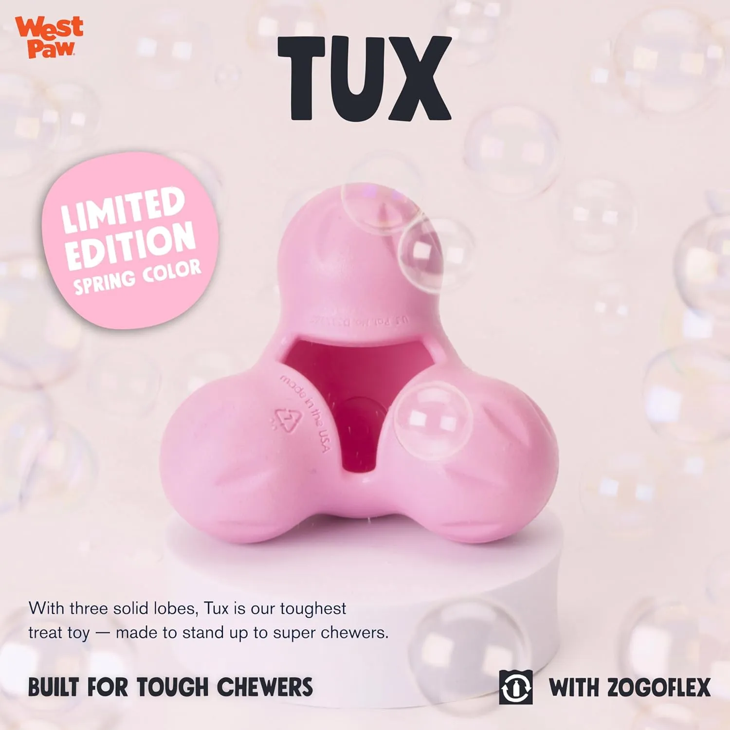 WEST PAW Zogoflex Tux Treat Dispensing Dog Chew Toy  Interactive Chewing Toy for Dogs  Dog Games for Aggressive Chewers, Fetch, Catch  Holds Kibble, Treats, Large 5", Bubblegum