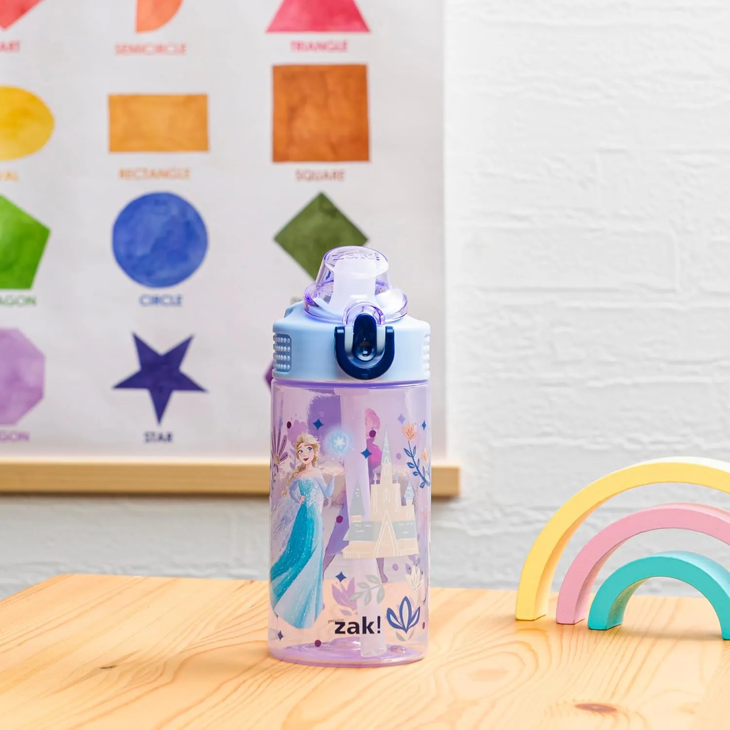 Zak Designs Disney Frozen Sage Kids Water Bottle For School or Travel, 16oz Durable Plastic Water Bottle With Straw, Handle, and Leak-Proof, Pop-Up Spout Cover (Anna, Elsa, Olaf)