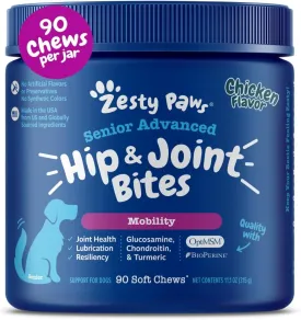 Zesty Paws Mobility Bites Joint Supplement for Dogs - Soft Chews with Glucosamine for Dogs, Chondroitin, & MSM   Vitamins C and E - Adv Chicken - 90 Count