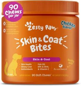 Zesty Paws Omega 3 Alaskan Fish Oil Chew Treats for Dogs - with AlaskOmega for EPA & DHA Fatty Acids - Hip & Joint Support   Skin & Coat Chicken Flavor (90 Soft Chews)