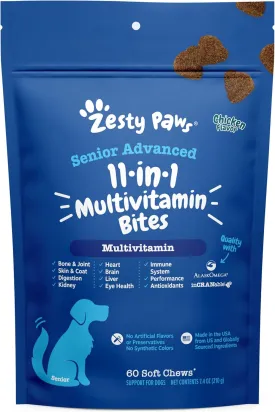 Zesty Paws Senior Dog Multivitamin Treats - Glucosamine for Dogs   Digestive Enzymes & Probiotics - Grain Free Dog Vitamins and Supplements for Skin & Coat   Immune Health Chicken - Advanced - 60ct
