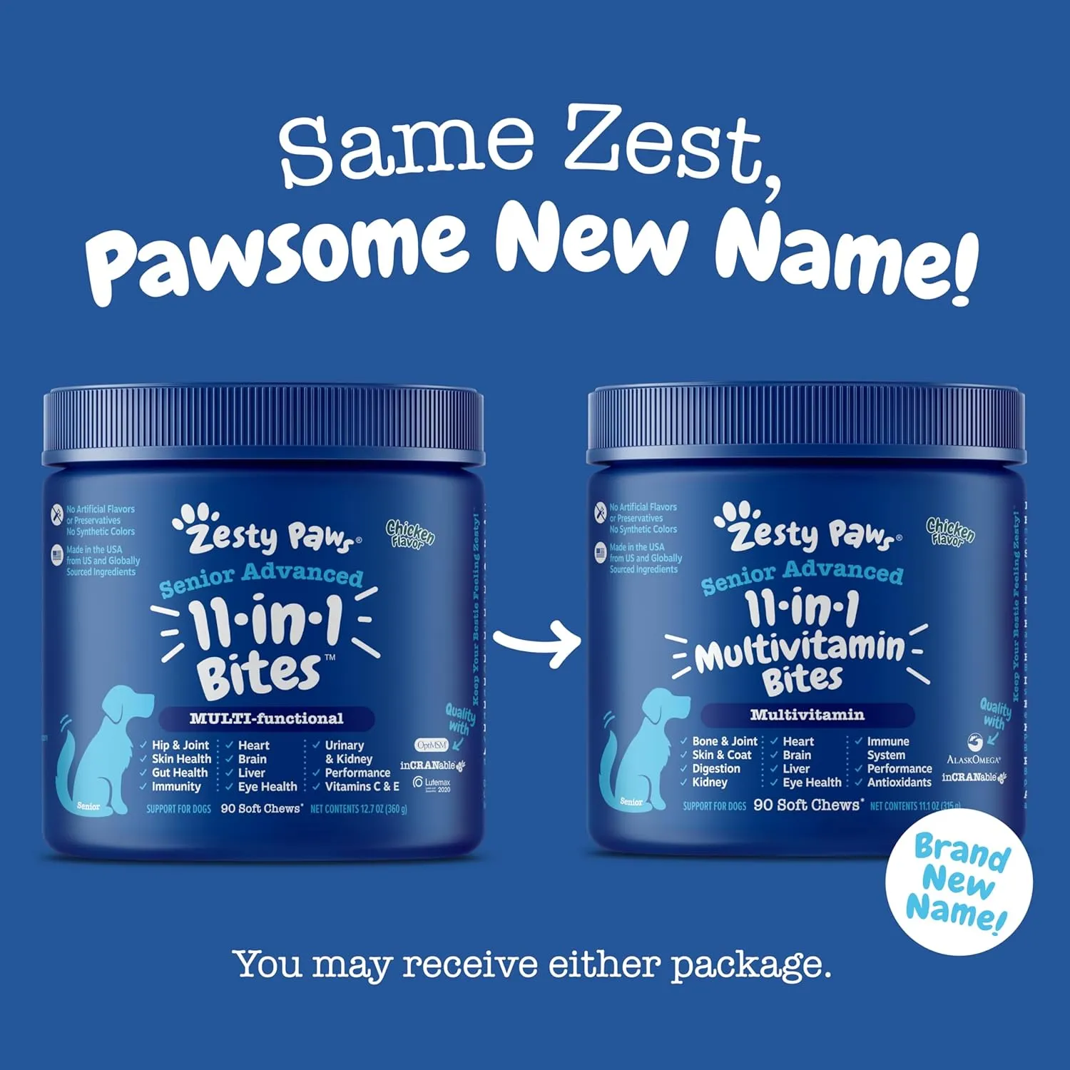 Zesty Paws Senior Dog Multivitamin Treats - Glucosamine for Dogs   Digestive Enzymes & Probiotics - Grain Free Dog Vitamins and Supplements for Skin & Coat   Immune Health Chicken - Advanced - 90ct