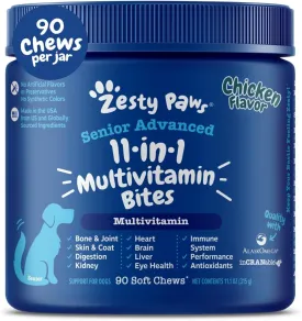 Zesty Paws Senior Dog Multivitamin Treats - Glucosamine for Dogs   Digestive Enzymes & Probiotics - Grain Free Dog Vitamins and Supplements for Skin & Coat   Immune Health Chicken - Advanced - 90ct