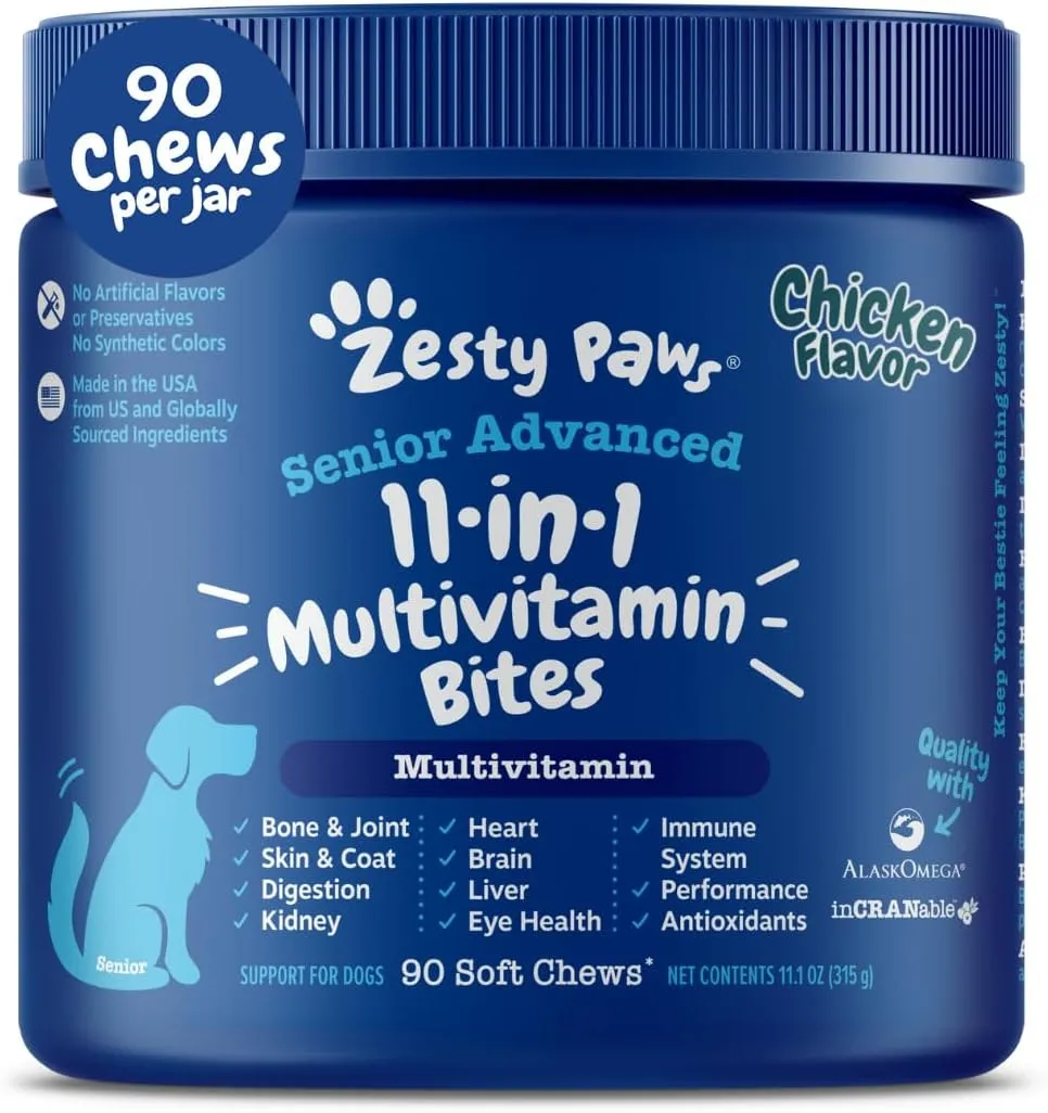 Zesty Paws Senior Dog Multivitamin Treats - Glucosamine for Dogs   Digestive Enzymes & Probiotics - Grain Free Dog Vitamins and Supplements for Skin & Coat   Immune Health Chicken - Advanced - 90ct